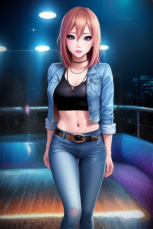 Japanese woman wearing cropped light blue denim jacket and tight light blue jeans, fashion belt, kairi sane hairstyle, kairi sane face, kairi sane make-up, flirty lips, she is dating with you in a night club, full body shot, high heel boots, 36 years old