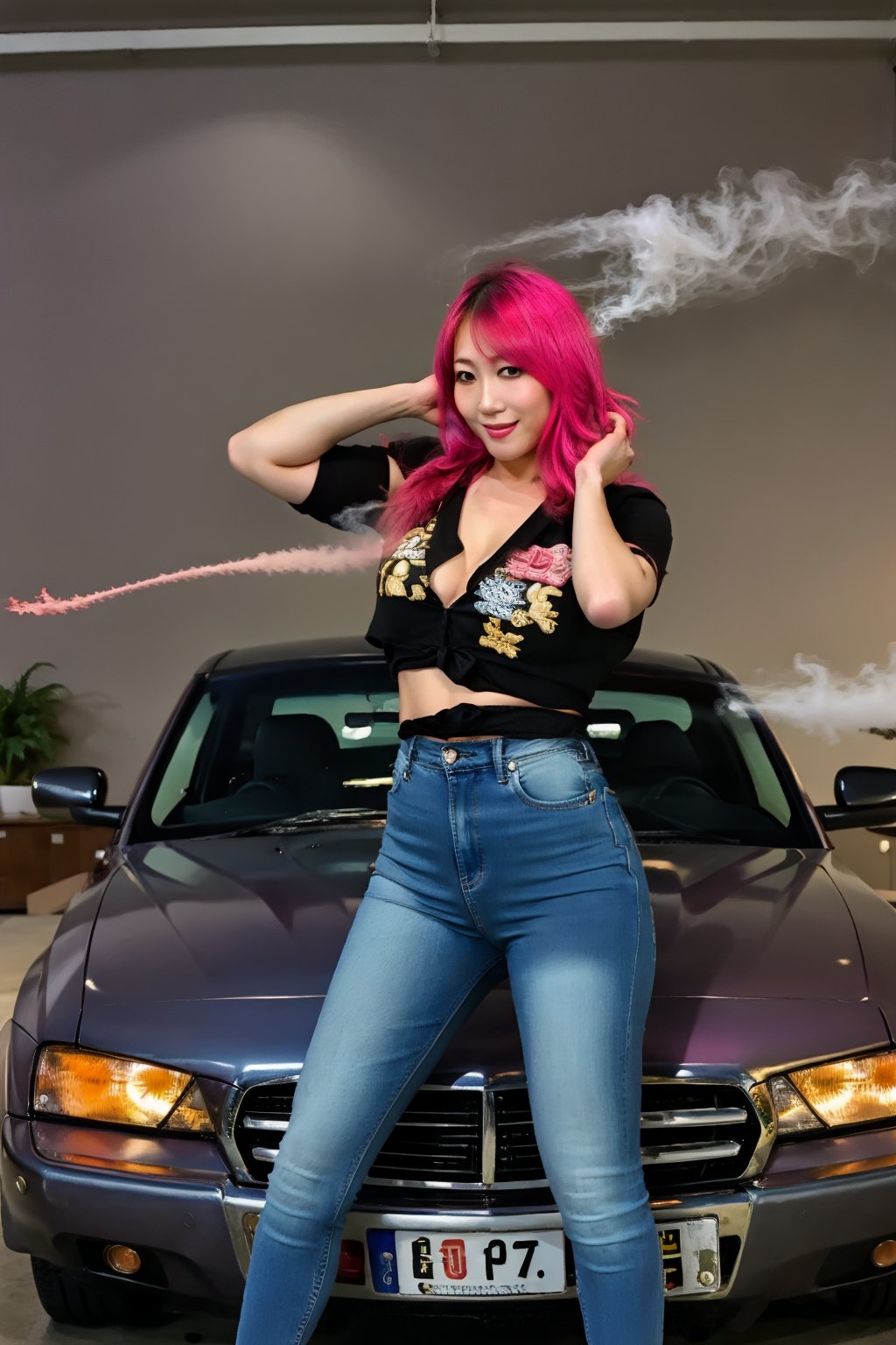 hot japanese girl, tight jeans, cropped denim jacket, asuka make-up, asyuka face, asuka hairstyle, pink blue hair color, smiling, posing sexy and smoking a cigarette, realistic, full body shot,blackbootsnjeans,hot girl