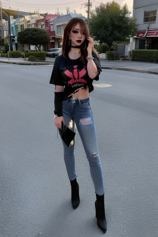 Japanese onlyfans model woman posing in a red district, 36 years old, dark lips, kairi sane hairstyle, typical hot outfit, large hoop earrings, sexy torn t-shirt, punk girl makeup, full body shot, slim girl, sexy body, long nails,sexy high acid washed jeans,Sexy Pose,blackbootsnjeans,1 girl 