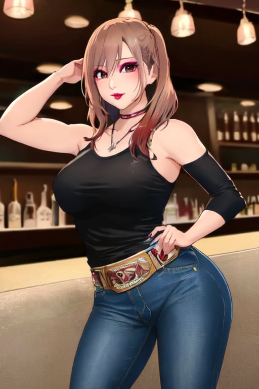 Japanese female night girl, she is a bad girl, hot makeup, red lips, teacher fashion style, hot jeans, kairi sane face, kairi sane hairstyle, she is posing sexy and sugestive in a bar,kairisane