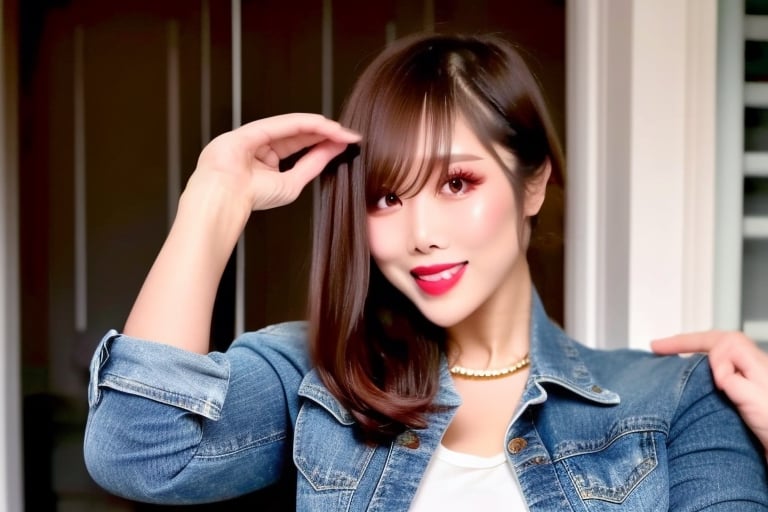 beautiful detailed eyes, tight jeans, tight cropped small denim jacket, kairi sane makeup, realistic, kairi sane hairstyle, kairi sane face, posing so sexy