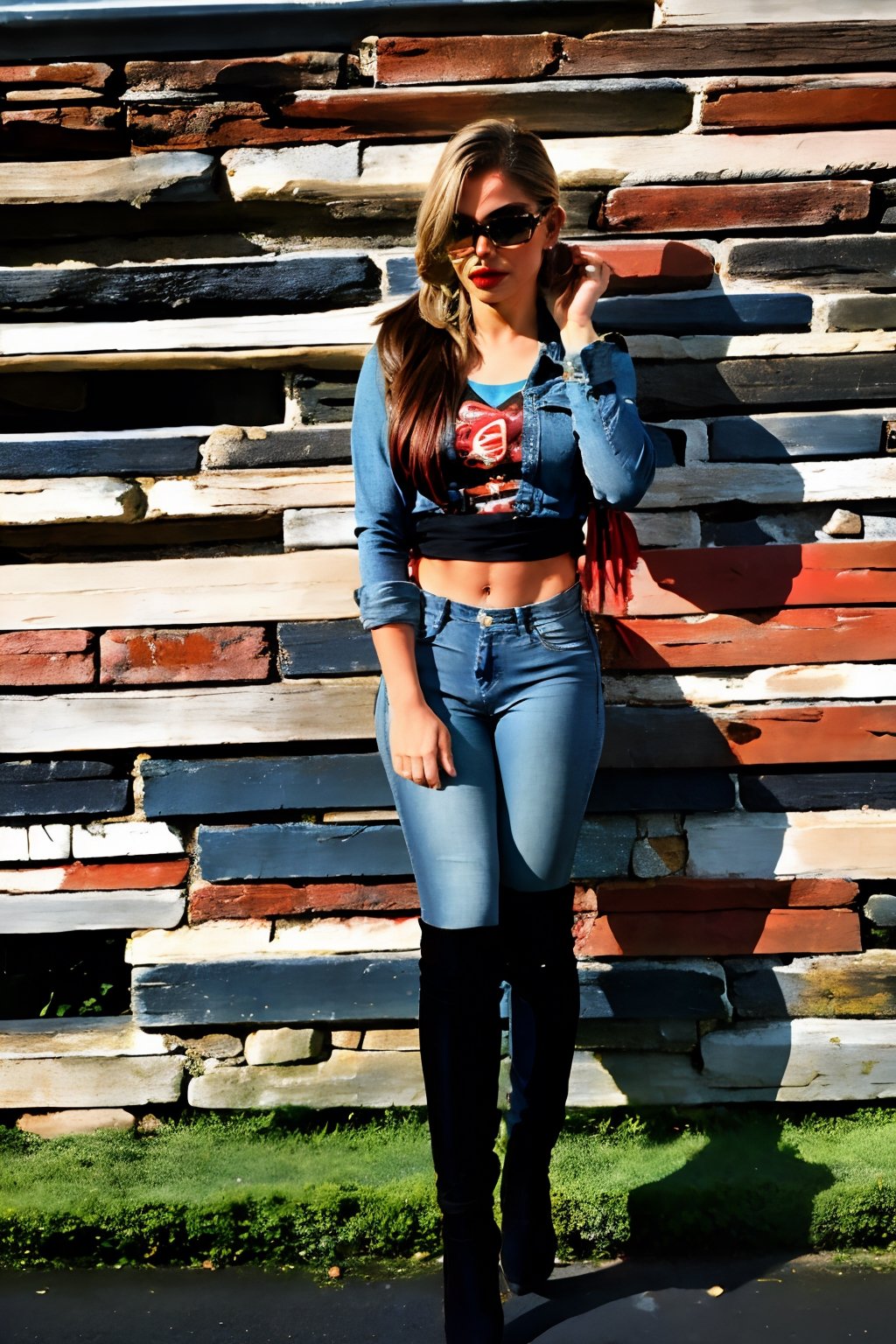 beautiful face, hot red lips, hot make-up, wearing cropped denim jacket and tight levis jeans in light blue color,blackbootsnjeans