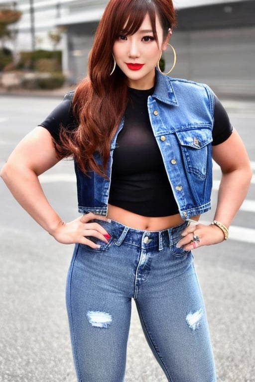 Kairi Sane with long hair wearing a denim jacket and jeans, hoop earrings, slim body,kairisane