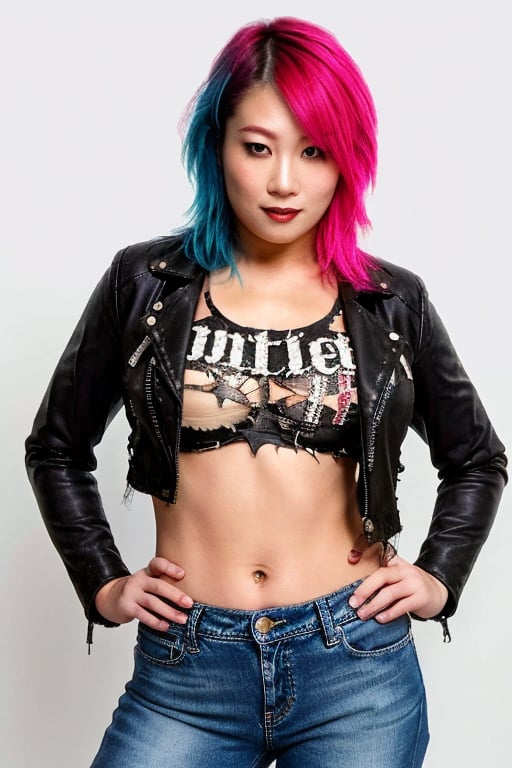 Asuka is a 42 years old punk girl wearing a punk rocker girl attire, tight frayed jeans, short cropped leather jacket, torn shirt, punk rocker girl hairstyle, she is posing for a photoshoot