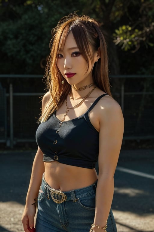 Japanese levi's girl 36 years old standing candidly, flirty pose, she is wearing levi's clothes, jewel bracelerts, waist chain, fashion outfit, raw style, punk like make up, large hoop earrings, long hair, kairi sane hairstyle, blonde hair, Sony A7III, aspect ratio 1:2, hyperreal, photorealistic quality, dramatic backlighting, soft shadows, depth of field, ultra clear, UHD drawing