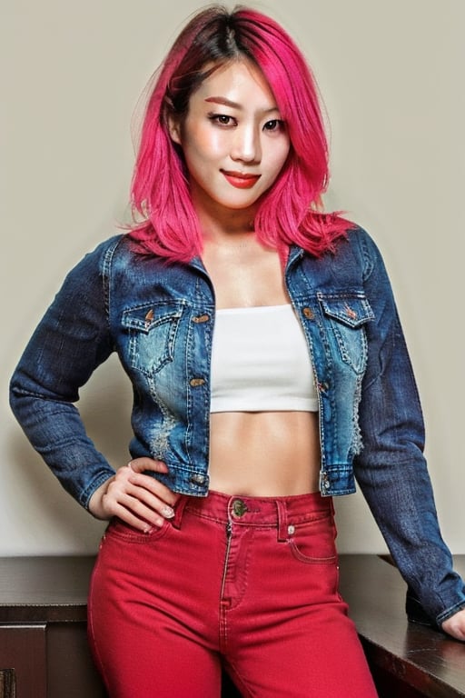 Japanese girl, beautiful detailed eyes, tight jeans, tight cropped small denim jacket, fashion girl make-up, red lips, pink and red hair, posing very sexy and flirting in her apartment, realistic