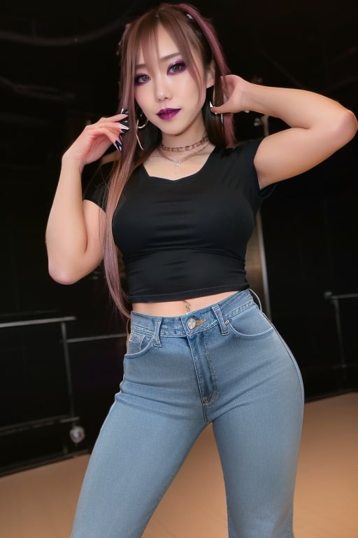 Japanese onlyfans model woman, 36 years old, dark lips, kairi sane hairstyle, typical fashion model woman outfit, large hoop earrings, low-cut t-shirt, punk girl makeup, full body shot, slim girl, sexy body, long nails,sexy jeans,Sexy Pose,blackbootsnjeans,1 girl 