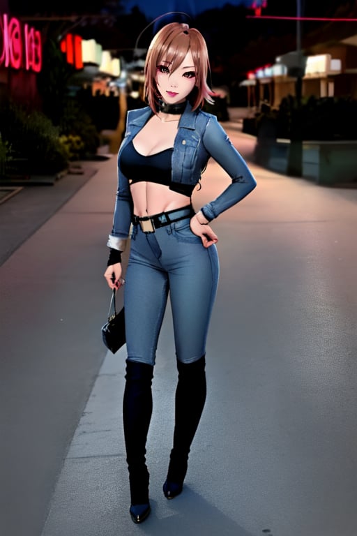 Japanese woman wearing cropped light blue denim jacket and tight light blue jeans, fashion belt, kairi sane hairstyle, kairi sane face, kairi sane make-up, flirty lips, she is dating with you in a night club, full body shot, high heel boots, 36 years old