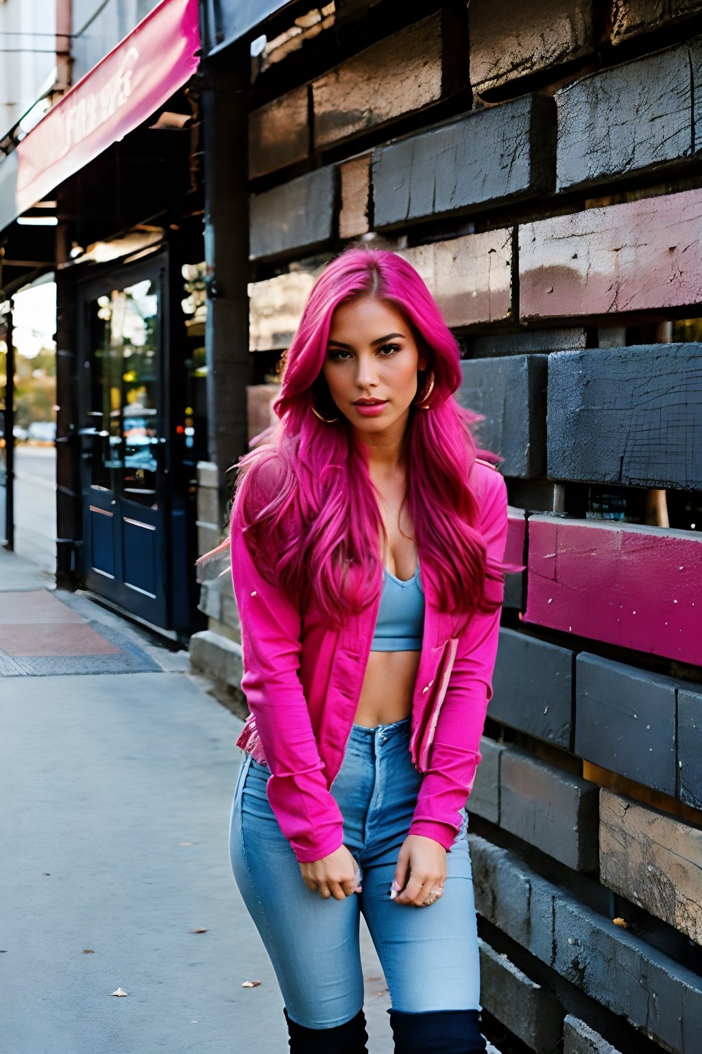 pink hair, long hair with ponytail and fringe, beautiful face, onlyfans model, hot pink lips, pink eyeshadow, wearing cropped denim jacket and tight levis jeans in light blue color,blackbootsnjeans