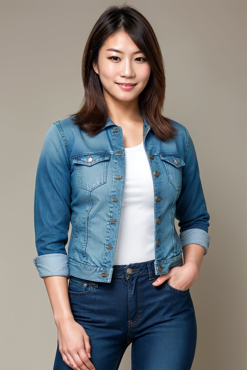 japanese woman, sexy smile, wearing tight levis jeans and levis women denim jacket in light blue color