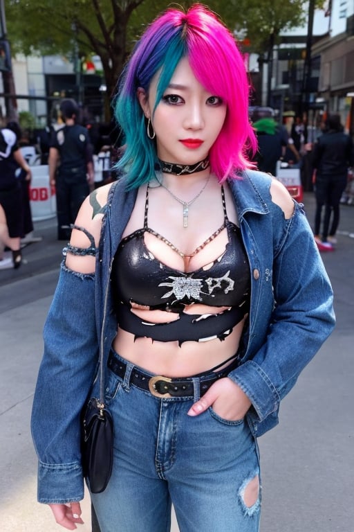 Japanese punk fashion influencer in her 30s standing candidly, defiant pose, she is wearing cool punk clothes, torn jeans, leather bracelerts, waist chain, punk fashion, raw style, punk like make up, large hoop earrings, short hair, Asuka hairstyle, blue pink hair, Sony A7III, aspect ratio 1:2, hyperreal, photorealistic quality, dramatic backlighting, soft shadows, depth of field, ultra clear, UHD drawing