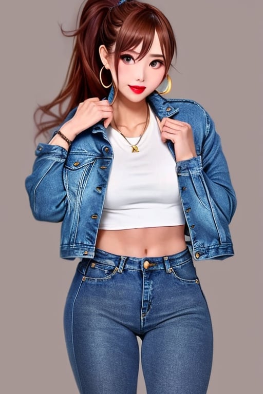 slim girl, beautiful detailed eyes, tight jeans, cropped denim jacket, kairi sane hairstyle, kairi sane face, red lips,1girl folded ponytail, hoop earrings,kairisane