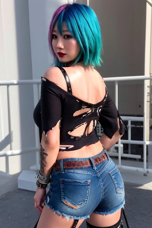 Japanese punk fashion influencer in her 30s standing candidly, defiant pose, she is wearing cool punk clothes, torn jeans, leather bracelerts, waist chain, punk fashion, raw style, punk like make up, large hoop earrings, short hair, Asuka hairstyle, blue pink hair, Sony A7III, aspect ratio 1:2, hyperreal, photorealistic quality, dramatic backlighting, soft shadows, depth of field, ultra clear, UHD drawing