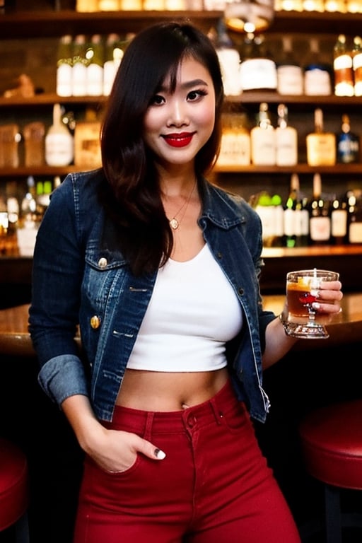 arrogant and rebel asian girl having a good time in a bar rejecting boys, beautiful detailed eyes, tight jeans, tight cropped small denim jacket, sexy girl make-up, dark lips, realistic, punk girl hair color,girl,kairisane