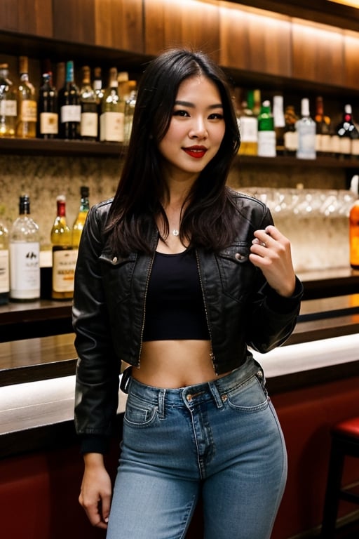 arrogant and rebel asian girl having a good time in a bar, beautiful detailed eyes, tight jeans, tight cropped small denim jacket, sexy girl make-up, dark lips, realistic, punk girl hair color,girl