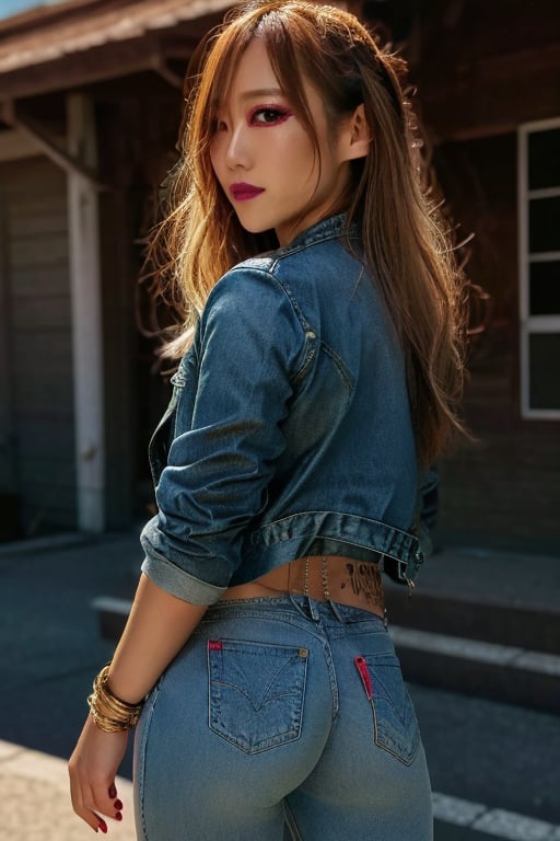 Japanese levi's girl 36 years old standing candidly, flirty pose, she is wearing levi's clothes, jewel bracelerts, waist chain, fashion outfit, levi's denim jacket ex-boyfriend type, raw style, punk like make up, large hoop earrings, long hair, kairi sane hairstyle, blonde hair, Sony A7III, aspect ratio 1:2, hyperreal, photorealistic quality, dramatic backlighting, soft shadows, depth of field, ultra clear, UHD drawing