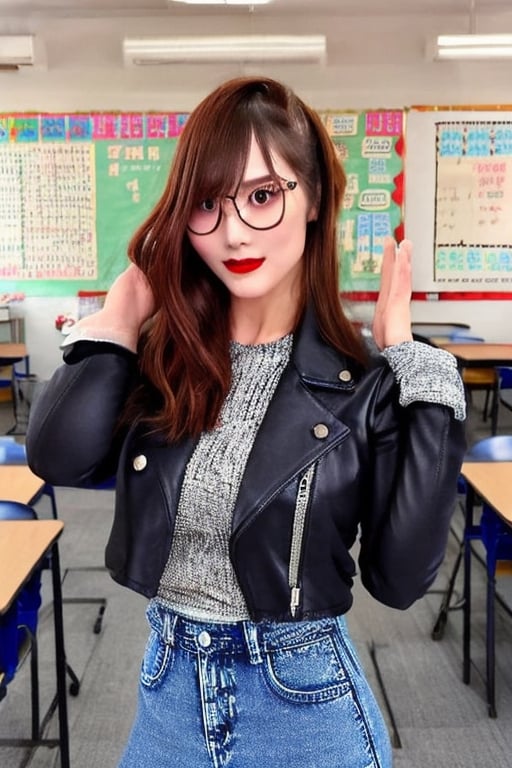 High school teacher japanese girl, sexy denim jacket, long formal black skirt, formal makeup, formal attire, red lips, cute style, she is wearing glasses, kairi sane haircolor, kairi sane face, formal hairstyle, she is posing sexy in her classroom,kairisane