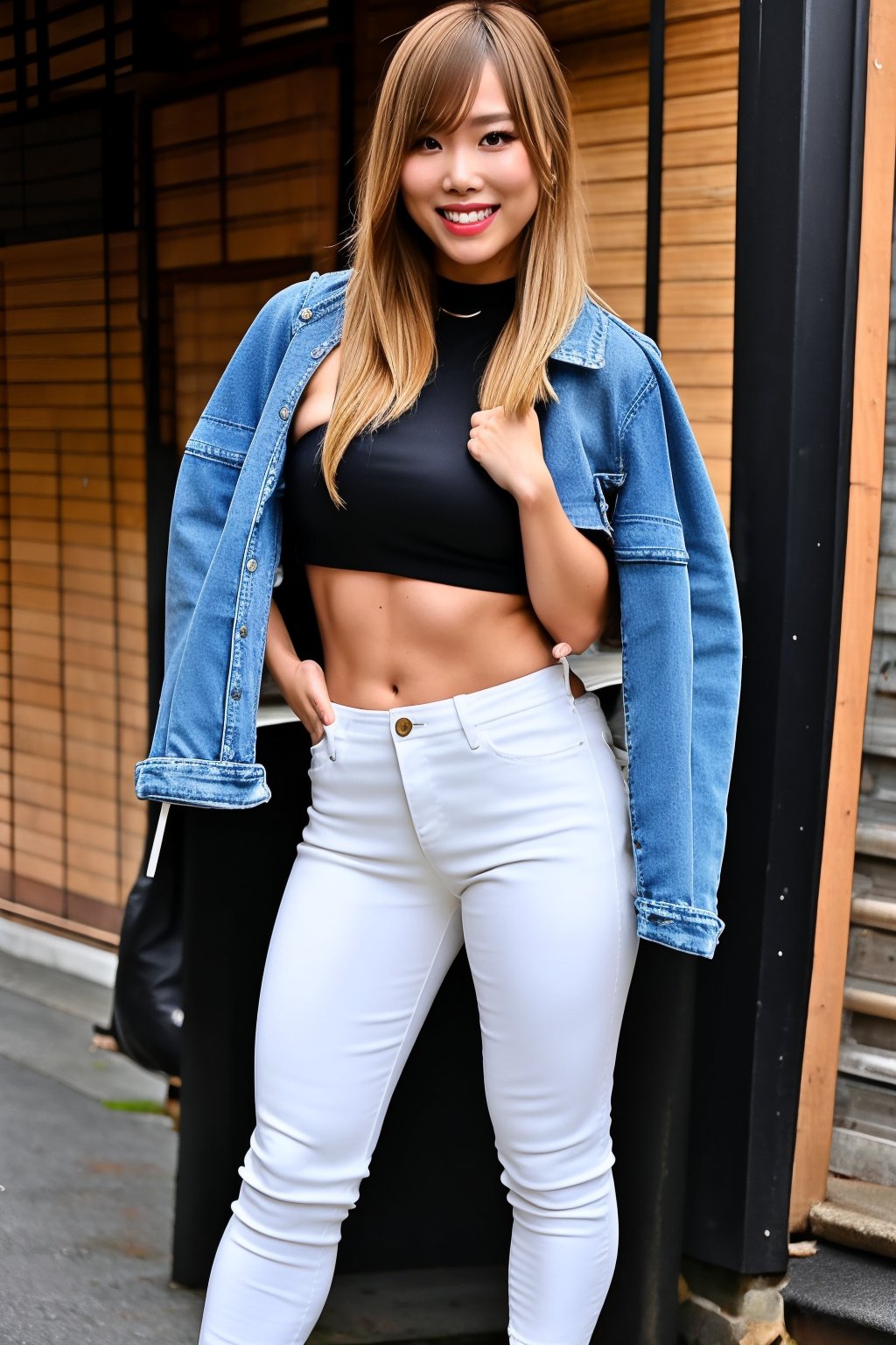 hot japanese girl, tight jeans, cropped denim jacket, sexy make-up, kairi sane hairstyle, blonde hair color, smiling, posing sexy and smoking a cigarette, realistic, full body shot,blackbootsnjeans,hot girl