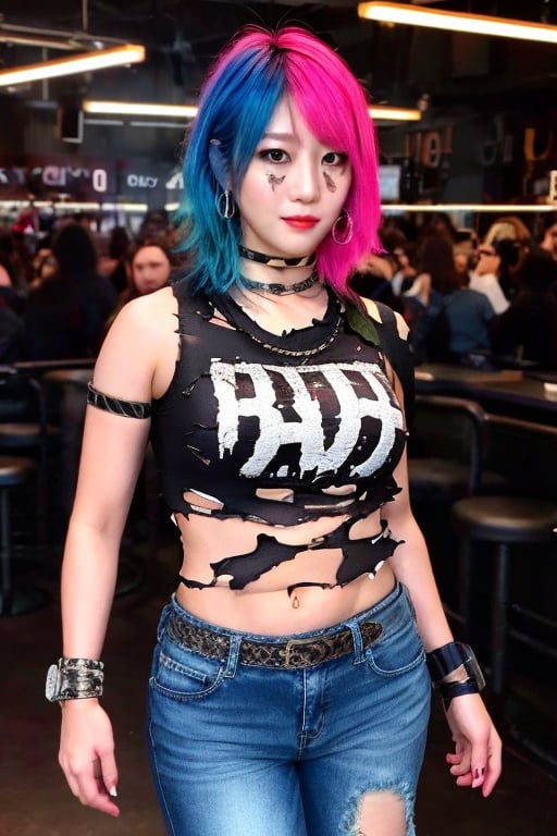 Japanese punk fashion influencer in her 30s dancing in a strip club, she is wearing cool punk clothes, torn jeans, leather bracelerts, waist chain, punk fashion, raw style, punk like make up, large hoop earrings, short hair, Asuka hairstyle, blue pink hair, Sony A7III, aspect ratio 1:2, hyperreal, photorealistic quality, dramatic backlighting, soft shadows, depth of field, ultra clear, UHD drawing