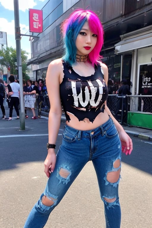 Japanese punk fashion influencer in her 30s standing candidly, defiant pose, she is wearing cool punk clothes, torn jeans, raw style, punk like make up, large hoop earrings, short hair, Asuka hairstyle, blue pink hair, Sony A7III, aspect ratio 1:2, hyperreal, photorealistic quality, dramatic backlighting, soft shadows, depth of field, ultra clear, UHD drawing