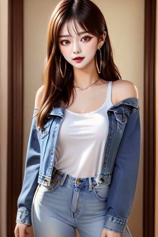 supermodel asian girl, 19 years old, beautiful detailed eyes, t, make-up, dark lips, posing sexy, 80s hairstyle, loose 80s levis jeans type, jack daniels t-shirt resemble, 80s levi's denim jacket type in very strong acid wash blue color, large hoop earrings