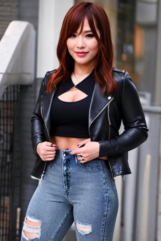 Kairi Sane, she is wearing a provocative and hot outfit, tight jeans, tight t-shirt, small denim jacket