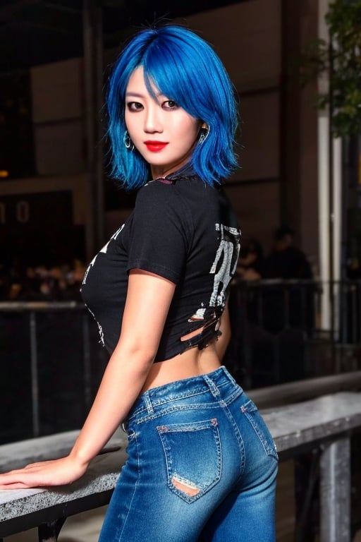 Japanese punk fashion influencer in her 30s standing candidly, defiant pose, she is wearing cool punk clothes, torn jeans, raw style, red lips, black eyeshadows, large hoop earrings, short hair, Asuka hairstyle, blue pink hair, Sony A7III, aspect ratio 1:2, hyperreal, photorealistic quality, dramatic backlighting, soft shadows, depth of field, ultra clear, UHD drawing