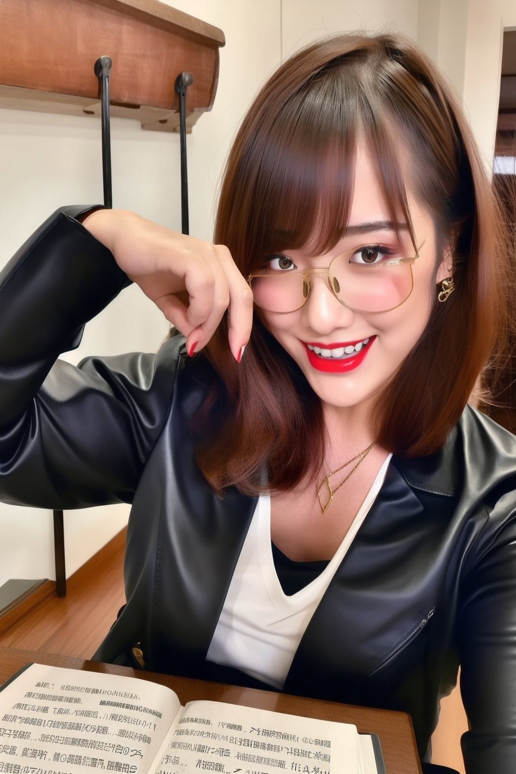 High school teacher japanese girl, sexy denim jacket, long formal black skirt, formal makeup, formal attire, red lips, cute style, she is wearing glasses, kairi sane haircolor, kairi sane face, formal hairstyle, she is posing so sexy in her desk,kairisane