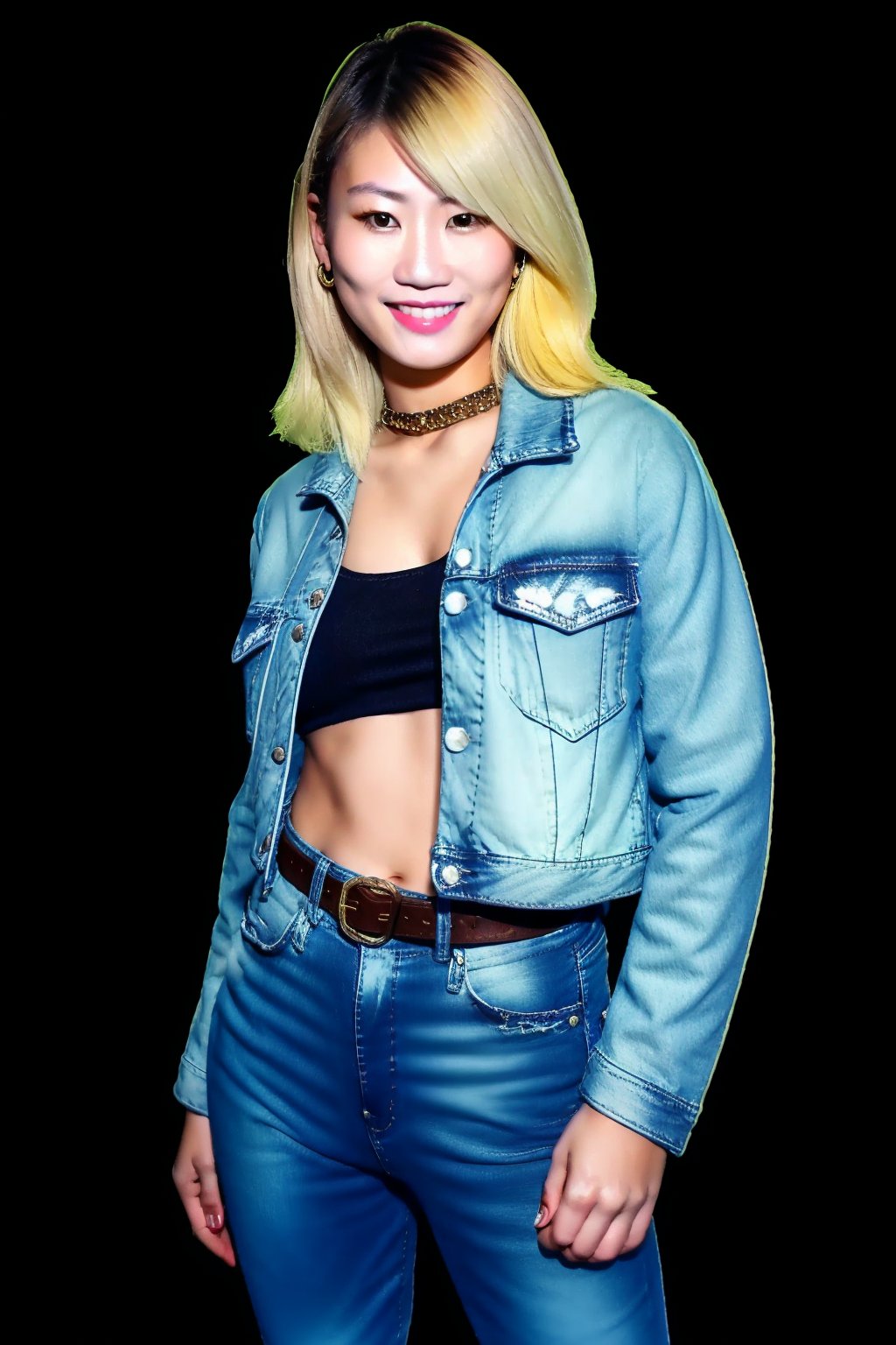 Japanese woman wearing cropped light blue denim jacket and tight light blue jeans, 19 years old, punk belt, fashion girl make-up, big hoop earrings, flirty lips, smile, she is dating with you in a night club, blonde hair color