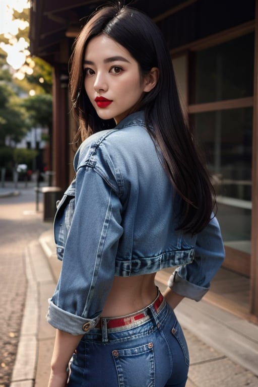 Japanese fashion influencer in her 20s standing candidly, natural pose, fitted jeans, cropped fitted denim jacket, captured from the back, raw style, red lips, long hair. black eyeshadows, Sony A7III, aspect ratio 1:2, hyperreal, photorealistic quality, dramatic backlighting, soft shadows, depth of field, ultra clear, UHD drawing