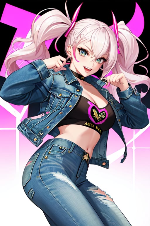 Bad and rebel girl having a good time in a party and posing so flirty, she is wearing a rebel and bad girl outfit with jeans and a denim jacket,girl,alexabliss
