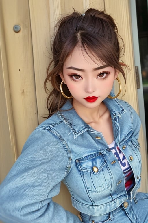 slim girl, beautiful detailed eyes, tight jeans, cropped denim jacket, kairi sane hairstyle, kairi sane face, red lips,1girl, hoop earrings,kairisane