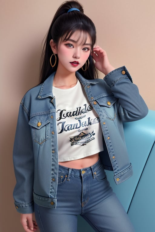 supermodel asian girl, 19 years old, beautiful detailed eyes, t, make-up, dark lips, posing sexy, 80s hairstyle, loose 80s levis jeans type, jack daniels t-shirt resemble, 80s levi's denim jacket type in very strong acid wash blue color, large hoop earrings