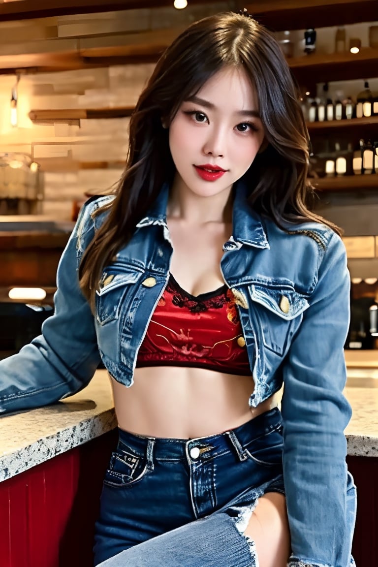 beautiful detailed eyes, tight jeans, cropped denim jacket, kairi sane hairstyle, red lips, black eyeshadow,she is flirting on a bar,Sexy Pose