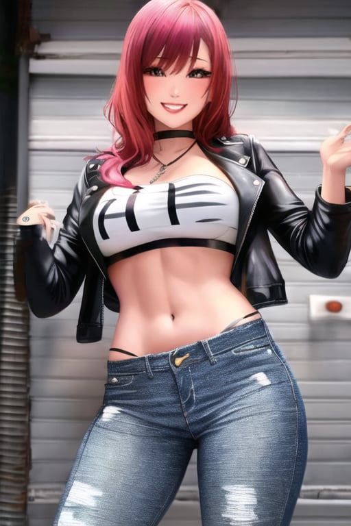 Bad and rebel girl having a good time in a party and posing so flirty, slim body, she is wearing a rebel and bad girl outfit with tight jeans and a cropped jacket to her waist,girl,kairisane