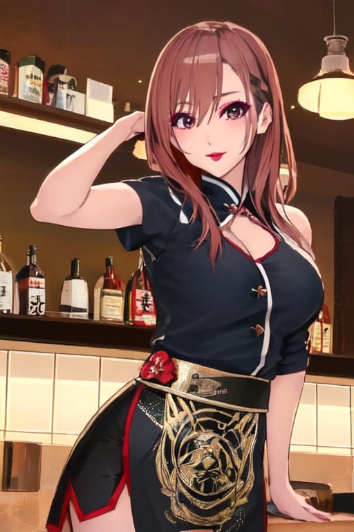 Japanese female high school girl, she is a bad girl, hot makeup, red lips, kairi sane face, kairi sane hairstyle, she is posing sexy and sugestive in a bar,kairisane