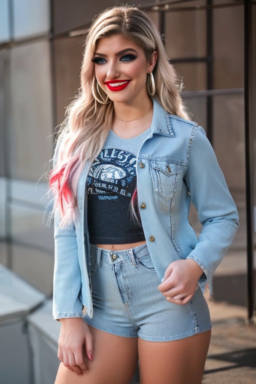 American woman 19 years old resembling Alexa Bliss, she is wearing levis jeans (short, tight, light blue color) and a ex-boyfriend levis denim jacket (light blue color), beautiful long hair, alexa bliss face, alexa bliss hairstyle, punk girl makeup with red lipstick, beautiful smile, posing, daylight, full body image, large hoop earrings, photoshoot