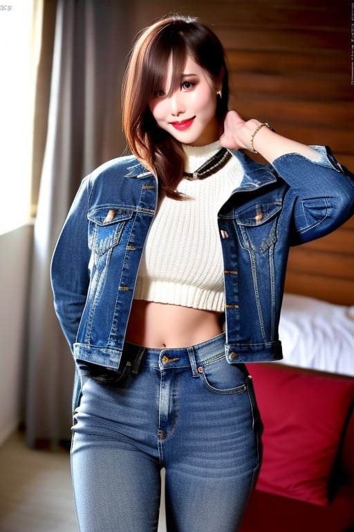 beautiful detailed eyes, tight jeans, tight cropped small denim jacket, punk girl make-up, red lips, posing very sexy and flirting in her apartment, realistic, kairi sane hairstyle, kairi sane face