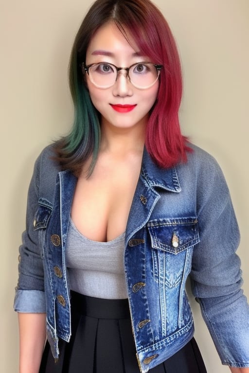 High school teacher japanese girl, sexy denim jacket, long formal black skirt, formal makeup, formal attire, red lips, cute style, she is wearing glasses, asuka haircolor, asuka face, formal hairstyle