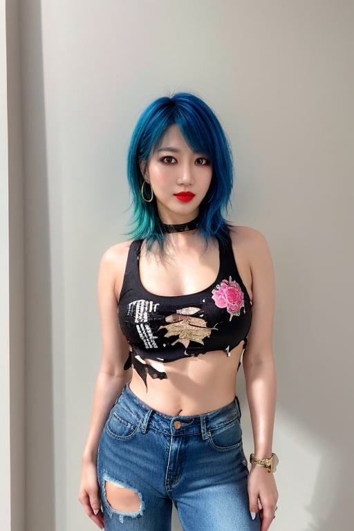 Japanese fashion influencer in her 30s standing candidly, defiant pose, she is wearing cool punk clothes, torn jeans, raw style, red lips, black eyeshadows, large hoop earrings, short hair, Asuka hairstyle, blue pink hair, Sony A7III, aspect ratio 1:2, hyperreal, photorealistic quality, dramatic backlighting, soft shadows, depth of field, ultra clear, UHD drawing