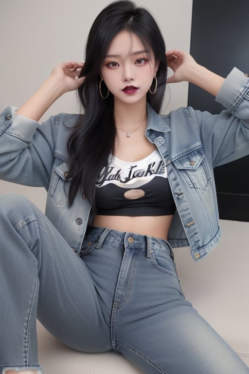 punk asian girl, 19 years old, beautiful detailed eyes, punk girl make-up, dark lips, posing sexy, punk girl hairstyle, loose 80s levis jeans type, jack daniels t-shirt resemble, 80s levi's denim jacket type in very strong acid wash blue color, large hoop earrings