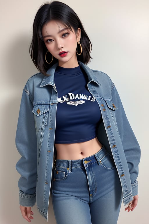 supermodel asian girl, 19 years old, beautiful detailed eyes, t, make-up, dark lips, posing sexy, 80s hairstyle, loose 80s levis jeans type, jack daniels t-shirt resemble, 80s levi's denim jacket type in very strong acid wash blue color, large hoop earrings