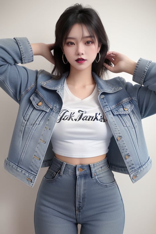 punk asian girl, 19 years old, beautiful detailed eyes, punk girl make-up, dark lips, posing sexy, 80s hairstyle, loose 80s levis jeans type, jack daniels t-shirt resemble, 80s levi's denim jacket type in very strong acid wash blue color, large hoop earrings