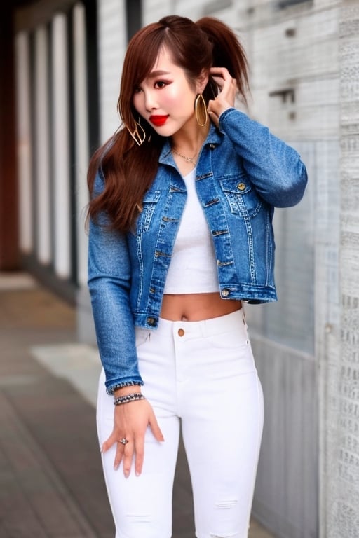 slim supermodel girl, beautiful detailed eyes, tight jeans, cropped denim jacket, kairi sane hairstyle, kairi sane face, red lips, supermodel detailed makeup,1girl folded ponytail, hoop earrings,kairisane