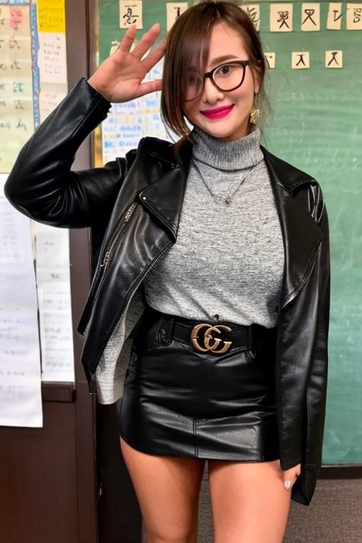 High school teacher girl, sexy leather jacket, black mini skirt, gucci belt, formal makeup, formal attire, cute style, she is wearing glasses, formal hairstyle, she is posing sexy inside her classroom,JeeSoo ,bzsohee,blackbootsnjeans,kairisane,masterpiece