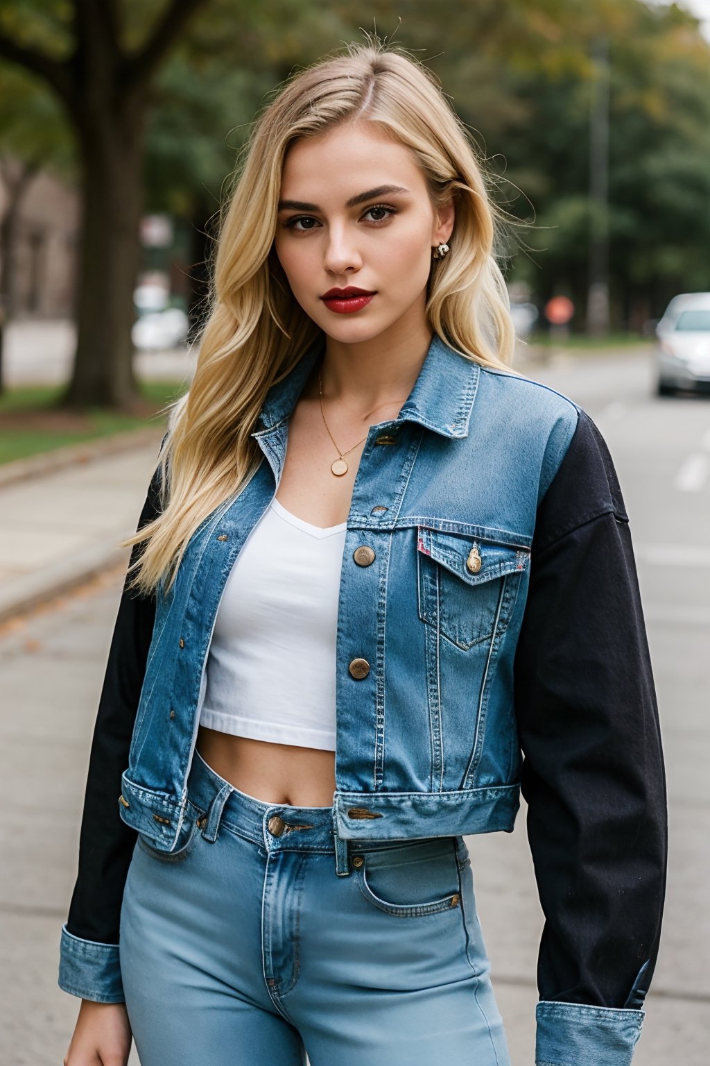 blonde and black hair, beautiful face, onlyfans model, hot dark lips, wearing cropped denim jacket and tight levis jeans in light blue color