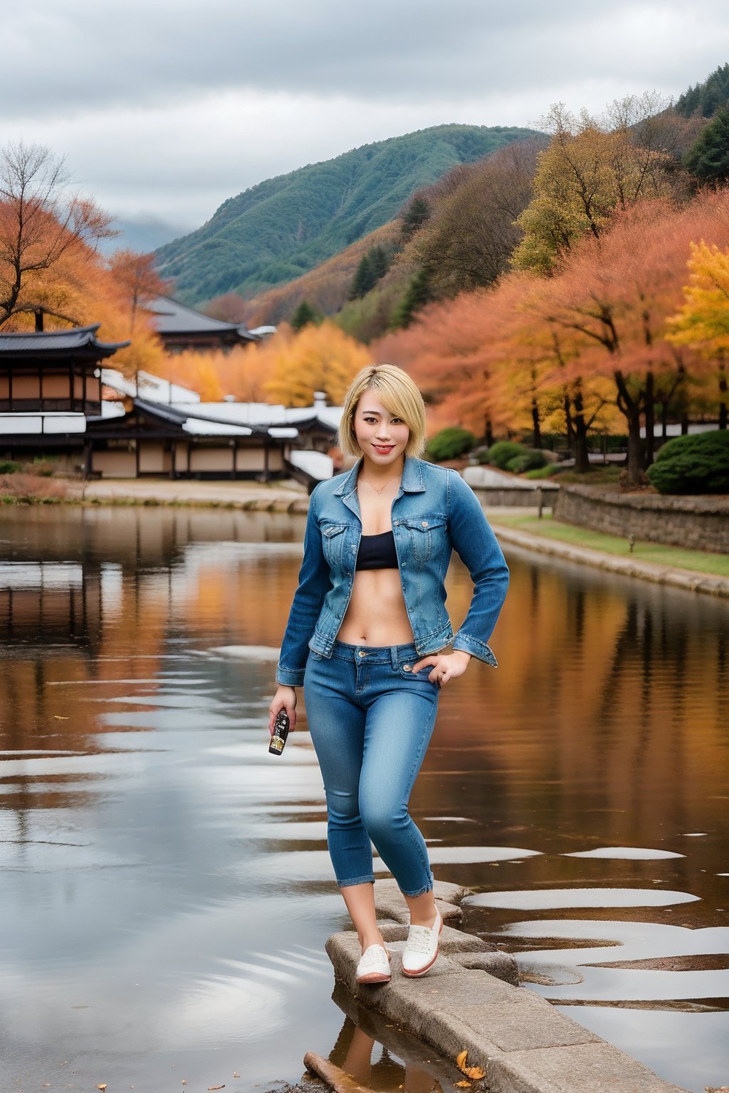 hot japanese girl, tight jeans, cropped denim jacket, asuka make-up, asuka face, asuka hairstyle, blonde hair color, short hair, smiling, posing sexy and smoking a cigarette, realistic, full body shot,blackbootsnjeans,hot girl