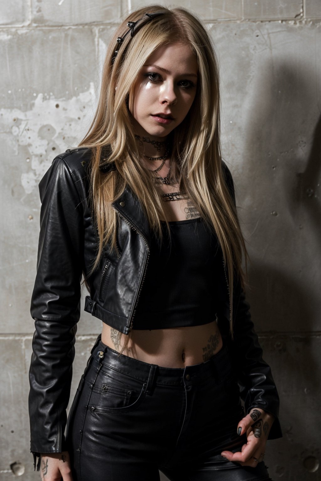 Avril Lavigne, punk girl attire, tight jeans, cropped and tight leather jacket, Avril Lavigne makeup, hot dark lips, punk girl hairstyle