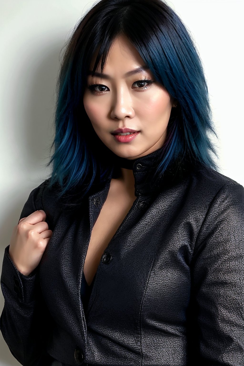 Asian woman, beautiful detailed eyes, sexy supermodel detailed makeup, tight jeans, cropped denim jacket, dark lips, Asuka hairstyle, blue hair color, black eyeshadows