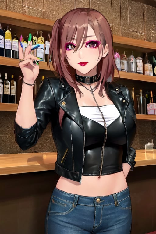 Japanese female night girl, she is a bad girl, hot makeup, red lips, teacher fashion style, hot jeans, biker leather female jacket, kairi sane face, kairi sane hairstyle, she is posing sexy and sugestive in a bar,kairisane